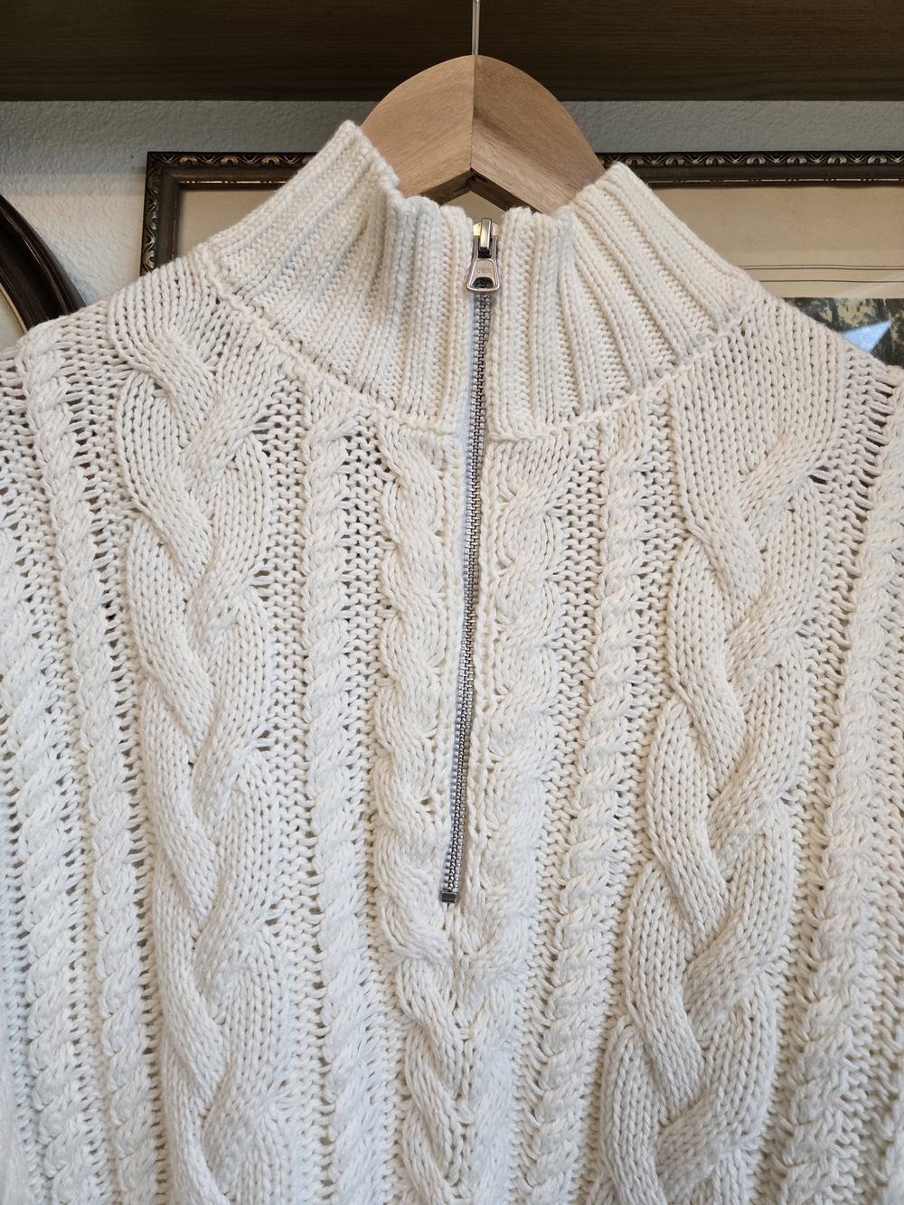 Jenni Kayne Cotton Cable-Knit Zip Sweater In Cream | Size Large - Picture 5 of 9